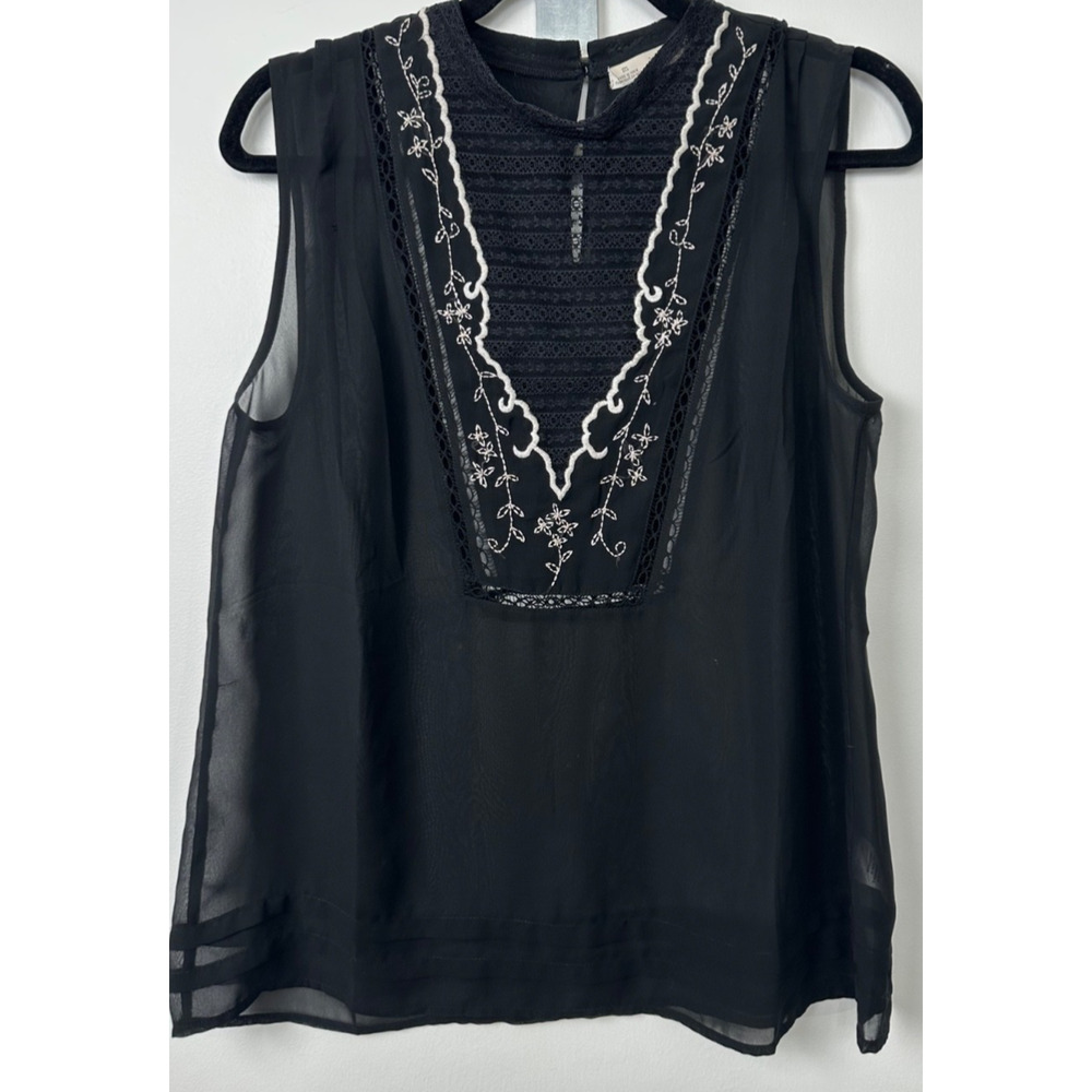 Womens M Hinge Black White Embroidered sleeveless Shirt Top w/ Lace Boho D52 - Picture 1 of 7